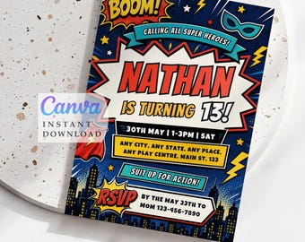 Superheld Geburtstagseinladung Junge, Comic Party, bearbeitbare Canva Vorlage (Digitaler Download)