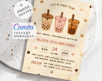 Bubble Tea Birthday Invitation: Editable Printable Template (Digital Download 5x7" and Phone Invite)