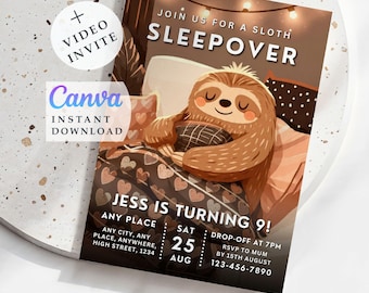 Sloth Sleepover Birthday Invitation, Slumber Party Invite, Editable Canva Template, Printable & Video Invite