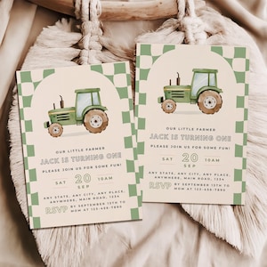 Green Tractor Birthday Invitation – Farm Party Printable, Boy 1st Birthday Invite, Editable Template