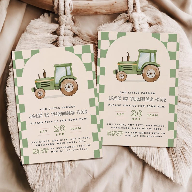 Green Tractor Birthday Invitation – Farm Party Printable, Boy 1st Birthday Invite, Editable Template