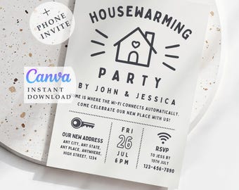 Modern Housewarming Invitation, Printable New Home Party Invite, Editable Phone and Card Template