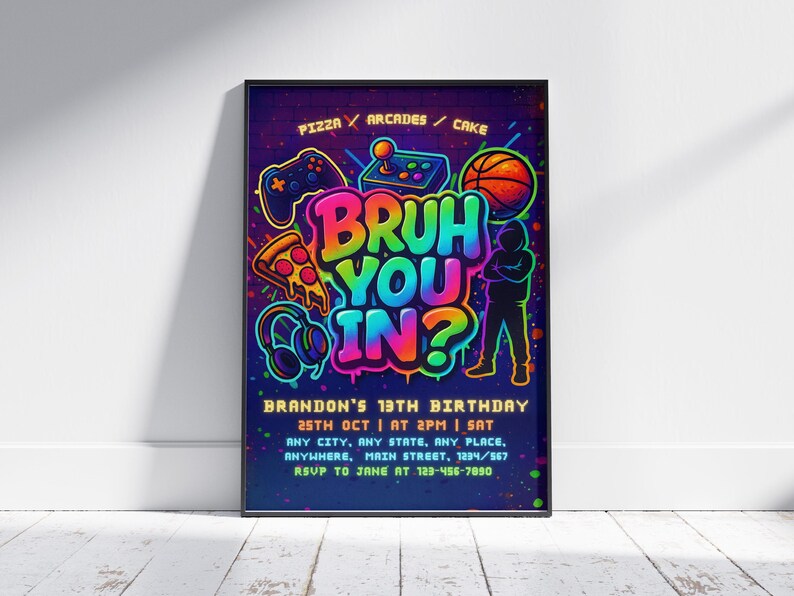 Bruh Its My Birthday – Neon Graffiti Boy Birthday Invite, Teen Party Arcade Game Canva Template