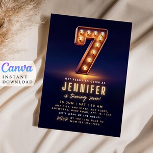 Glow Party 7th Birthday Invite: Editable Template (Digital Download)