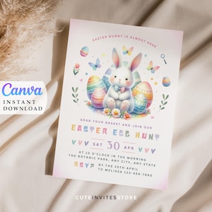 Egg Hunt Invitation Easter Bunny Invite | Egg Hunt Party Printable Invitation Editable Template | Instant Download
