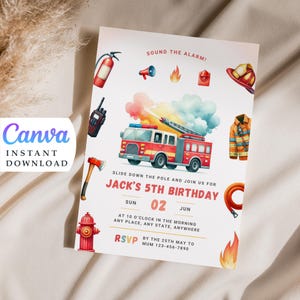 Invitation de camion de pompier pour le 5e anniversaire d'un garçon, carte de pompier, fête de pompier, fête à thème de pompier, 5e anniversaire d'enfant, modifiable
