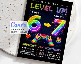 I was 6 now Im 7 druckbare Einladung, Level up Mädchen Geburtstag, Six Seven Meme Regenbogen einladen, Canva Vorlage (Instant Download)
