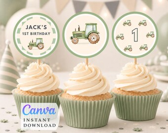 Green Tractor Party Cupcake Toppers, Canva Template, Instant Download