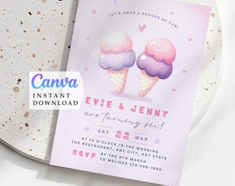 Faire-part d'anniversaire de crème glacée pour jumeaux : fête de deux boules (modèle imprimable)