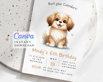 Dog Puppy Birthday Party Invitation Template (Digital Download)