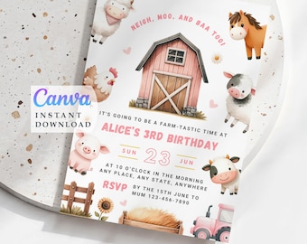 Invitación de cumpleaños temática de granja para niñas, invitación editable (descarga digital)