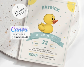 May include: A rectangular birthday invitation card featuring a yellow rubber duck illustration, blue text reading PATRICK IS TURNING ONE, and event details including the date 22 MAR, time 11 AM, location, and RSVP information on a cream background.