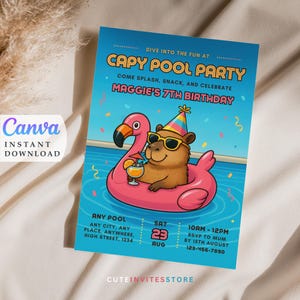 Capybara Pool Party Invite Summer Pool Party Capy Birthday Invite Editable Invitation Instant Download Canva Template