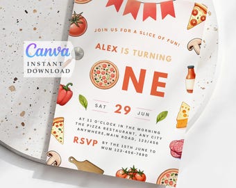 Pizza 1st Birthday Invitation: Slice of Fun, Editable Template (Digital Download)