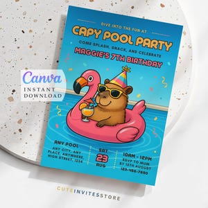 Capybara Pool Party Invitation: Editable Birthday Invite, Canva Template (5x7 inch Digital Download