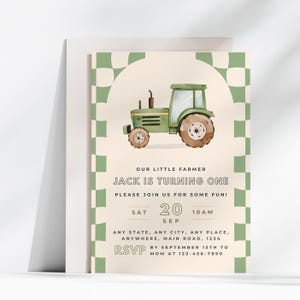 Green Tractor Birthday Invitation – Farm Party Printable, Boy 1st Birthday Invite, Editable Template