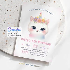 Invitación Unicat, Fiesta de unicornios con gatos, Invitación para el 5.º cumpleaños (Descarga digital)