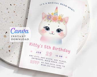 Unicat invitation, Cat unicorn party, 5th Birthday invite (Digital Download)