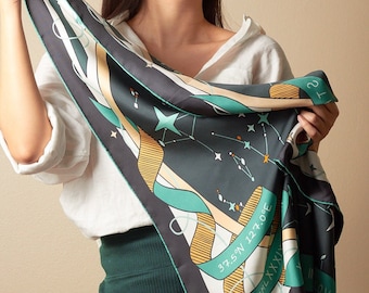 Starlit Memoir Silk Scarf with Custom Star Map, Personalized Celestial Gift for Birthday & Anniversary with Hand-drawn Constellations