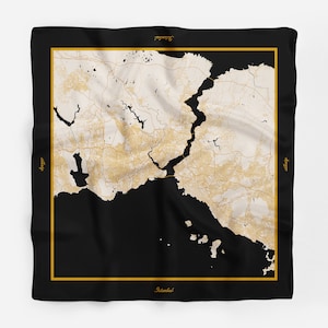 Istanbul stadskaart zijden sjaal, goud & zwart chique zijden foulard, Istanbul Turkije stratenplan in City Atlas-collectie
