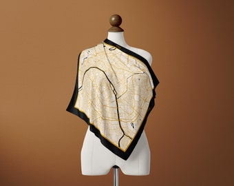 Paris City Map Silk Scarf, Gold & Black Modern Chic Silk Foulard, Paris France Street Map in City Atlas Collection