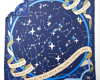 Custom Star Map Silk Scarf, Midnight Blue, Personalized Celestial Wedding Anniversary Gift for Her, Starlit Memoir Collection