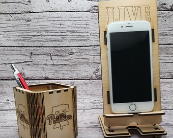 Philadelphia Phillies Phone Stand and Pen Holder, Wood Desk Gift, Baseball Fan Decor