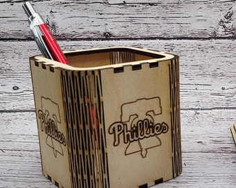 Philadelphia Phillies Pen Holder, Wood Desk Organizer, Baseball Fan Desk Gift