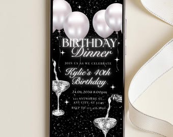 Digitale verjaardagsuitnodiging diner, geanimeerde verjaardagsuitnodiging voor mannen en vrouwen, black tie invite, geanimeerde 40e verjaardagsuitnodiging