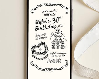 30e verjaardagsuitnodiging voor haar, trendy handgetekende 30e verjaardagsuitnodiging, Coquette Bow 30e verjaardag uitnodigen, digitale canvassjabloon