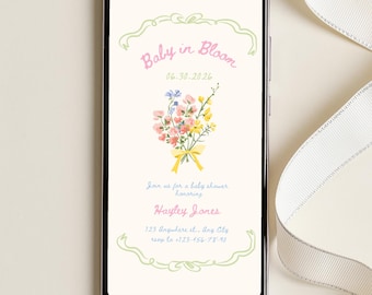 Baby in Bloom Invitation Template, Hand Drawn Baby Shower Electronic Invite, Floral Baby In Bloom Evite, Baby Shower Digital Invitation