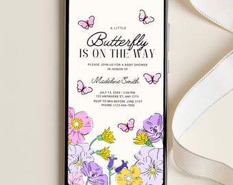 Butterfly Baby Shower Invitation, Purple Pink Butterfly Baby Shower Invite, Girl Butterfly Baby Shower Invite, Hand drawn Floral Butterfly