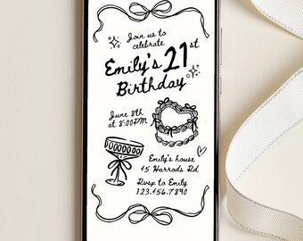 Digital 21st Birthday Invitation, editable 21st birthday invitation, Trendy whimsical hand drawn black bows, Digital Text Invitation