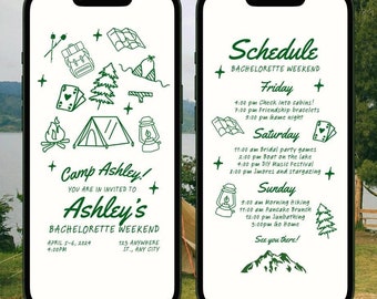 Digital Camp Bachelorette Itinerary, Cabin trip itinerary, Camping Bachelorette Invitation Template, Bachelorette Camp Itinerary