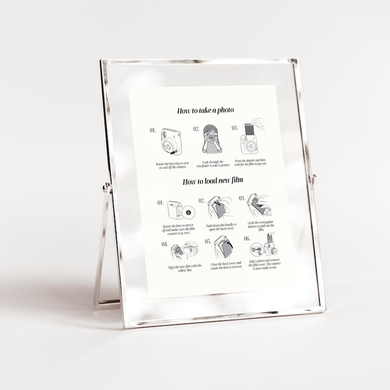 Puede incluir: Una gu&iacute;a ilustrada en blanco y negro sobre c&oacute;mo tomar una foto y cargar una pel&iacute;cula nueva en una c&aacute;mara instant&aacute;nea. La gu&iacute;a incluye pasos numerados con ilustraciones de la c&aacute;mara y la pel&iacute;cula.