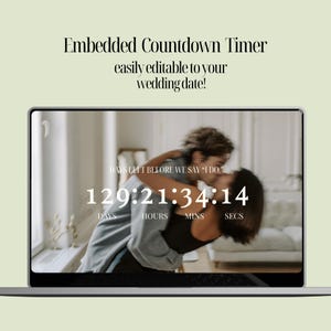 May include: A laptop screen displaying a countdown timer with the text "DAYS LEFT BEFORE WE SAY "I DO."". The timer shows 129 days, 21 hours, 34 minutes, and 14 seconds. The background image is a blurry photo of a couple embracing.