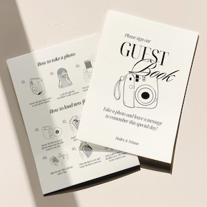 Puede incluir: Ilustraci&oacute;n en blanco y negro de una c&aacute;mara instant&aacute;nea con instrucciones sobre c&oacute;mo tomar una foto y cargar una pel&iacute;cula nueva. El texto "Por favor, firme nuestro LIBRO DE VISITAS" est&aacute; en la parte superior de la p&aacute;gina. El texto "&iexcl;Toma una foto y deja un mensaje para recordar este d&iacute;a especial!" est&aacute; debajo de la c&aacute;mara. El texto "Hailey & Tristan" est&aacute; en la parte inferior de la p&aacute;gina.