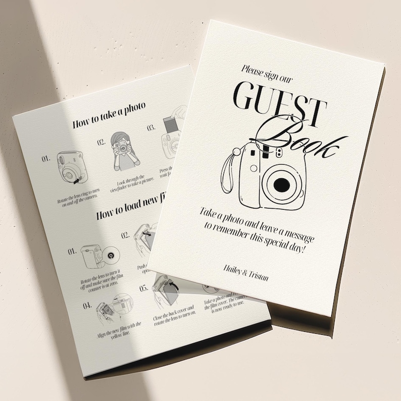 Puede incluir: Ilustraci&oacute;n en blanco y negro de una c&aacute;mara instant&aacute;nea con instrucciones sobre c&oacute;mo tomar una foto y cargar una pel&iacute;cula nueva. El texto "Por favor, firme nuestro LIBRO DE VISITAS" est&aacute; en la parte superior de la p&aacute;gina. El texto "&iexcl;Toma una foto y deja un mensaje para recordar este d&iacute;a especial!" est&aacute; debajo de la c&aacute;mara. El texto "Hailey & Tristan" est&aacute; en la parte inferior de la p&aacute;gina.