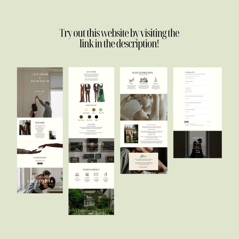 May include: Website screenshots showing a wedding website with information about the ceremony, reception, and guest information. The website has a modern design with a green and white color scheme.
