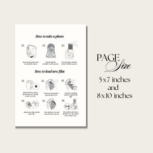 Puede incluir: Una ilustraci&oacute;n en blanco y negro que muestra c&oacute;mo tomar una foto y cargar una pel&iacute;cula nueva en una c&aacute;mara instant&aacute;nea. La ilustraci&oacute;n incluye instrucciones de texto y diagramas. El tama&ntilde;o de la p&aacute;gina es de 5x7 pulgadas y 8x10 pulgadas.