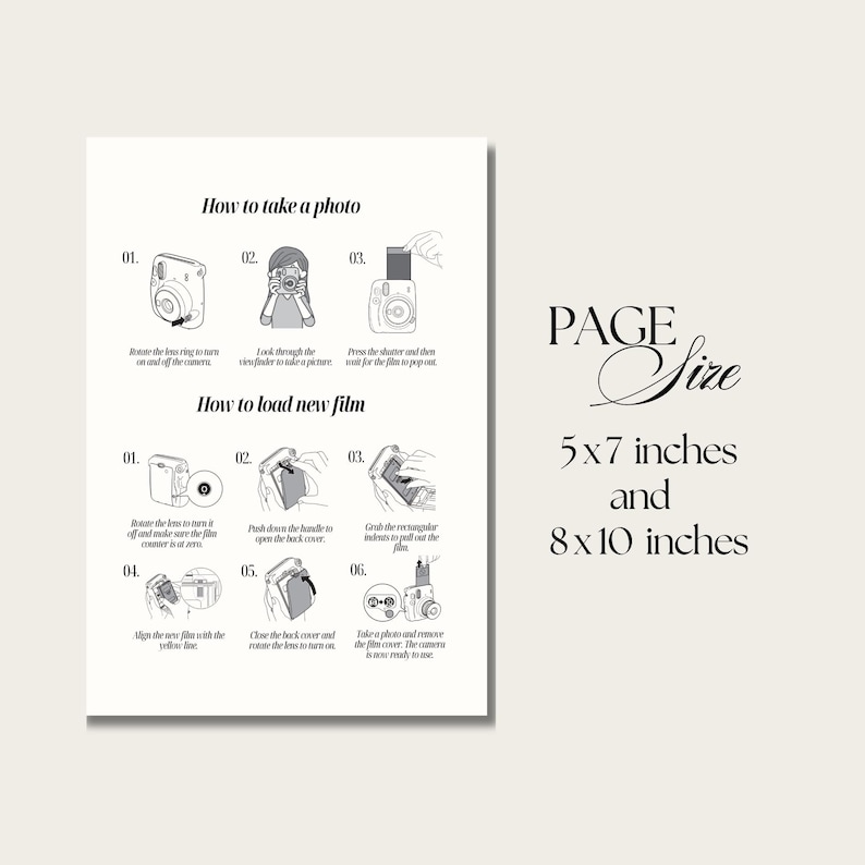 Puede incluir: Una ilustraci&oacute;n en blanco y negro que muestra c&oacute;mo tomar una foto y cargar una pel&iacute;cula nueva en una c&aacute;mara instant&aacute;nea. La ilustraci&oacute;n incluye instrucciones de texto y diagramas. El tama&ntilde;o de la p&aacute;gina es de 5x7 pulgadas y 8x10 pulgadas.