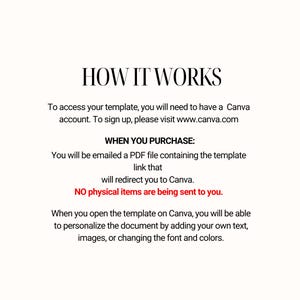 May include: Text explaining how to access a Canva template. You will receive a PDF file with a link to the template. No physical items are sent. You can personalize the template by adding text, images, or changing the font and colors.