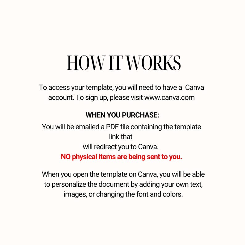 May include: Text explaining how to access a Canva template. You will receive a PDF file with a link to the template. No physical items are sent. You can personalize the template by adding text, images, or changing the font and colors.