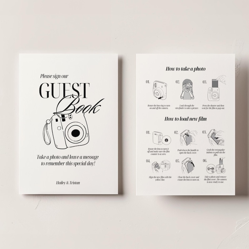 Puede incluir: Ilustraci&oacute;n en blanco y negro de una c&aacute;mara instant&aacute;nea con el texto "Please sign our GUEST Book" y "Take a photo and leave a message to remember this special day!"  El texto "Hailey & Tristan" est&aacute; en la parte inferior de la p&aacute;gina.  El lado derecho de la p&aacute;gina muestra instrucciones sobre c&oacute;mo tomar una foto y cargar una pel&iacute;cula nueva en la c&aacute;mara.