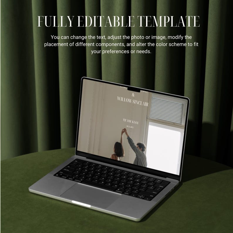 May include: A laptop computer displaying a wedding website with the text "& WILLOW SINCLAIR" and "TO THE KNOT" on a green background.