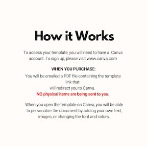 Puede incluir: C&oacute;mo funciona: Una imagen de texto que explica c&oacute;mo acceder a una plantilla de Canva. Recibir&aacute;s un archivo PDF con un enlace que te redirigir&aacute; a Canva. No se env&iacute;an art&iacute;culos f&iacute;sicos. Puedes personalizar la plantilla agregando texto, im&aacute;genes o cambiando la fuente y los colores.