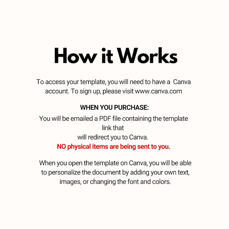 Puede incluir: C&oacute;mo funciona: Una imagen de texto que explica c&oacute;mo acceder a una plantilla de Canva. Recibir&aacute;s un archivo PDF con un enlace que te redirigir&aacute; a Canva. No se env&iacute;an art&iacute;culos f&iacute;sicos. Puedes personalizar la plantilla agregando texto, im&aacute;genes o cambiando la fuente y los colores.