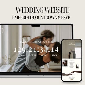 May include: A laptop screen displaying a wedding website with a countdown timer showing 129 days, 21 hours, 34 minutes, and 14 seconds until the wedding. The website also includes an RSVP section. The laptop is next to a smartphone displaying the same wedding website.