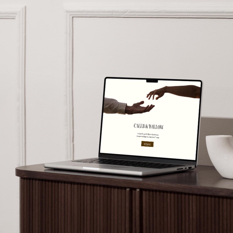 May include: A laptop computer open to a website with a white background and the text "Caleb & Willow" in black. The website features a silhouette of two hands reaching towards each other.