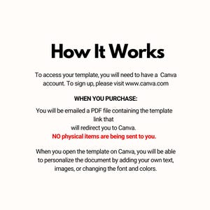 May include: Text explaining how to access a Canva template. You will receive a PDF file with a link to the template, which will redirect you to Canva. No physical items are sent. You can personalize the template by adding text, images, or changing the font and colors.